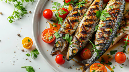A plate of grilled fish garnished with fresh vegetables, including tomatoes and greens, presented in a bright and appetizing mannerの素材