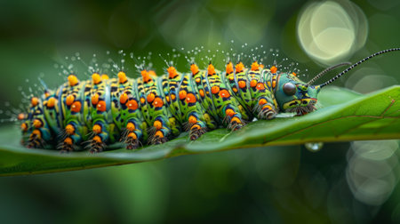 A vibrant caterpillar with bright colors and intricate patterns crawling on a green leaf in a gardenの素材