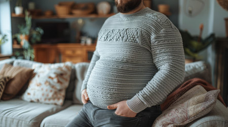 An Obese Man in a Gray Sweater Resting on a Sofaの素材