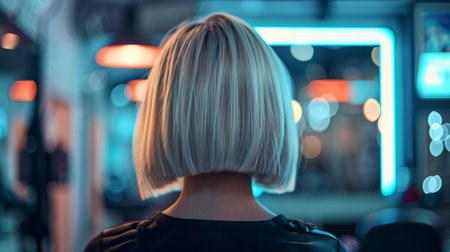 A stylish shot from the rear of a woman with short blonde hair sitting in a salon, highlighting modern haircutsの素材