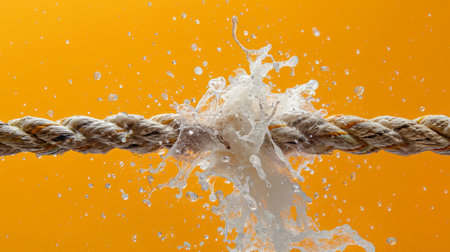 A close-up of a frayed rope with water splashing against a vibrant orange background, symbolizing tension and impactの素材