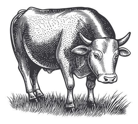 Explore a detailed vintage illustration of a cow standing gracefully in a grassy field. This artwork captures rural charm and farm life in a classic style.のイラスト素材