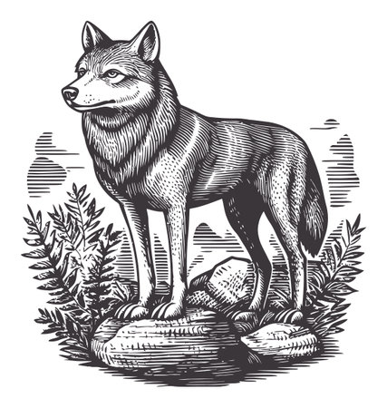 This detailed vector illustration features a majestic wolf standing confidently on a rock, surrounded by plants, showcasing nature's beauty and wildlife artistry.のイラスト素材