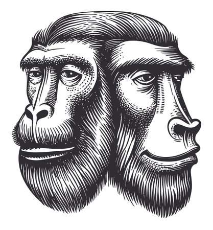 Explore this detailed black and white vector illustration featuring two monkey faces. The unique design blends artistry with surreal elements for a striking visual appeal.のイラスト素材