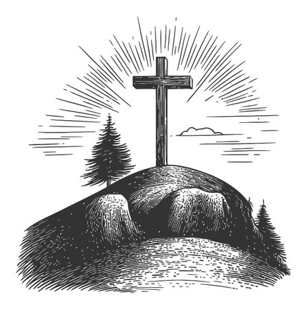 An artistic black and white illustration of a cross on a hill, accented by radiant sunburst and trees, perfect for themes of faith and spirituality.のイラスト素材