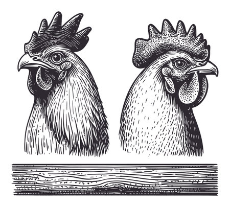Original vector illustration featuring detailed and artistic representations of rooster heads. This black and white artwork captures the essence of farm life and poultry.のイラスト素材