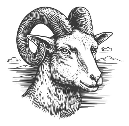 This vintage-style vector illustration features a ram's head with detailed horns. The monochrome design captures a unique character, ideal for various artistic projects.のイラスト素材
