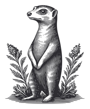 An artistic vector illustration showcasing a standing meerkat among plants. This detailed drawing captures the meerkat's playful stance and intricate fur texture, perfect for wildlife enthusiasts and art lovers.のイラスト素材