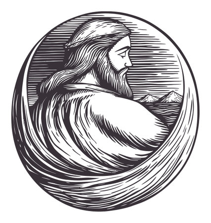 This artwork features a detailed illustration of a bearded man in profile, set against a serene landscape with mountains, epitomizing artistic craftsmanship.のイラスト素材