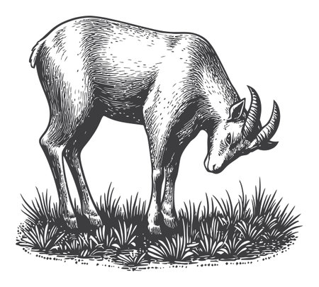 This vintage-style illustration depicts a goat grazing in a grassy field, showcasing intricate details and textures. Perfect for nature-themed projects.のイラスト素材