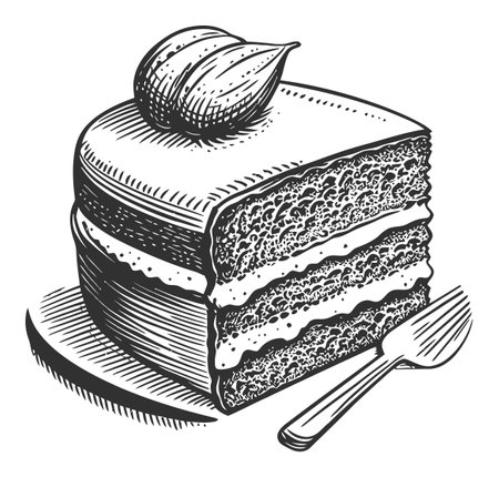 Hand-drawn vintage illustration of a mouthwatering slice of cake, featuring layers and cream, perfect for culinary or dessert-themed projects and designs.のイラスト素材