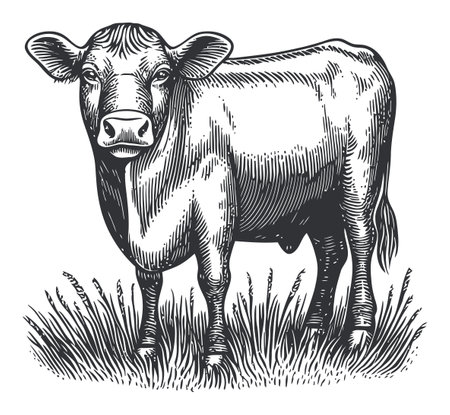 Capture the classic beauty of nature with this vintage illustration of a cow standing gracefully in lush grass. Perfect for agricultural themes.のイラスト素材