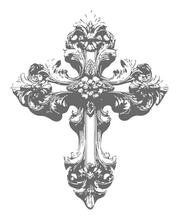 Explore an ornate floral cross illustration featuring intricate details and vintage charm. Ideal for art projects, graphic design, and religious themes.のイラスト素材