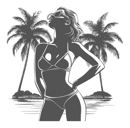 A striking vector illustration of a woman in a bikini, enjoying a beach atmosphere with palm trees in the background, ideal for summer-themed projects.のイラスト素材