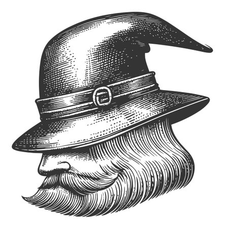 This detailed illustration features a vintage wizard hat adorned with a flowing beard, capturing a classic and whimsical character style. Ideal for creative projects.のイラスト素材