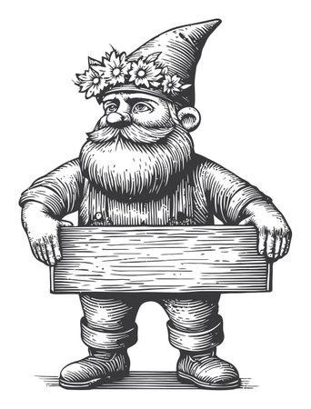 A charming vintage illustration of a gnome with a floral headpiece, holding a wooden sign. This delightful character embodies whimsy and nature, perfect for garden-themed art.のイラスト素材