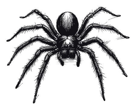 This monochrome vector illustration showcases a detailed spider, featuring intricate anatomical features and realistic textures, perfect for art and design projects.のイラスト素材