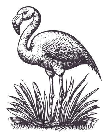 This detailed vintage illustration depicts a flamingo standing amidst lush grasses, showcasing an elegant profile, perfect for nature-themed projects.のイラスト素材
