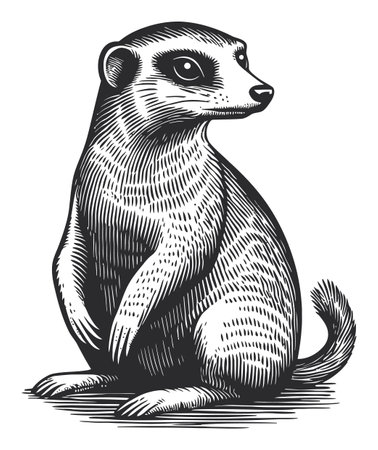 A captivating vector illustration of a meerkat sitting elegantly, showcasing its unique features in a striking black and white style, perfect for various creative projects.のイラスト素材