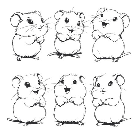 Discover a charming collection of cartoon hamsters showcasing joy and playfulness in various fun poses. Perfect for illustrations and designs.のイラスト素材