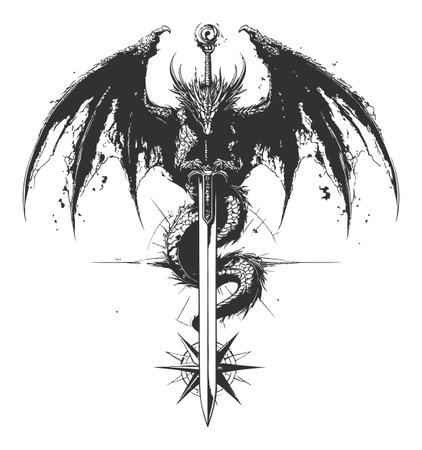 This intricate black and white illustration features a powerful dragon entwined around a sword, capturing the essence of mythical fantasy art in a striking design.のイラスト素材