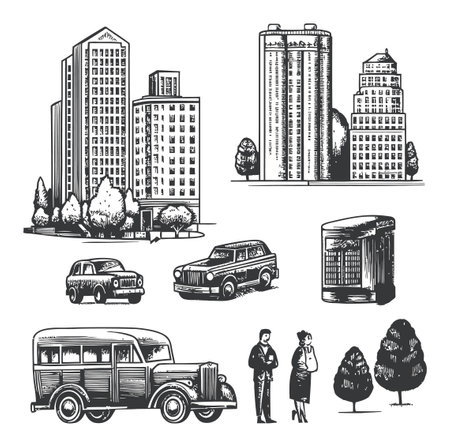 A unique black and white illustration capturing vintage urban life with buildings, classic cars, and people, perfect for artistic and nostalgic designs.のイラスト素材
