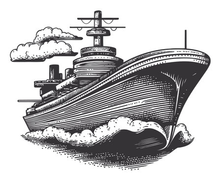 This detailed vintage illustration showcases a majestic ship navigating through ocean waves. The black and white design captures the essence of nautical adventures, making it perfect for maritime-themed projects.のイラスト素材