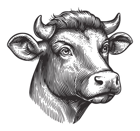 This sophisticated vintage cow illustration captures a realistic animal portrait in vector style, ideal for agricultural and design projects.のイラスト素材