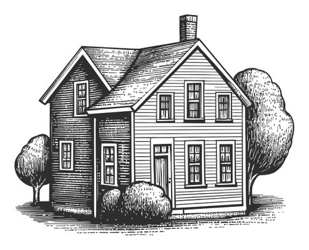A meticulously crafted vintage house illustration, showcasing a charming architectural design with trees, perfect for artistic and creative projects.のイラスト素材