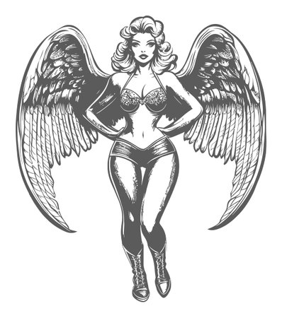 A striking vintage illustration of an angelic woman with powerful wings. The design features classic retro elements, embodying beauty and strength in a monochrome style.のイラスト素材