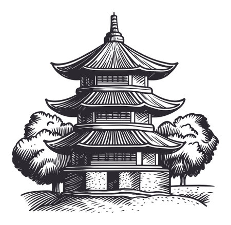 This detailed black and white illustration features a traditional Asian pagoda surrounded by lush trees, showcasing architectural beauty and cultural heritage.のイラスト素材