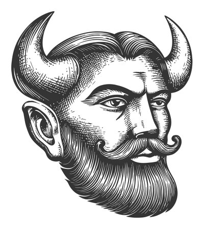 This vintage illustration features a detailed portrait of a bearded man with horns, showcasing a blend of artistic styles and intricate line work.のイラスト素材