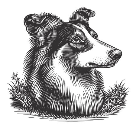 This black and white illustration features a detailed portrait of a dog, showcasing the animal's expressive features and calm demeanor, set against grassy textures.のイラスト素材