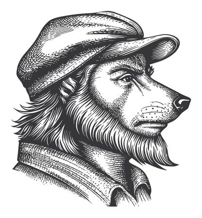 This detailed vector illustration features a lion with human characteristics, wearing a cap and stylish attire. Perfect for creative designs and artistic projects.のイラスト素材