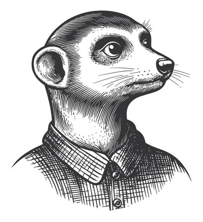 This unique illustration features a meerkat portrayed in a vintage style, showcasing detailed line art and a whimsical touch. Perfect for animal lovers.のイラスト素材