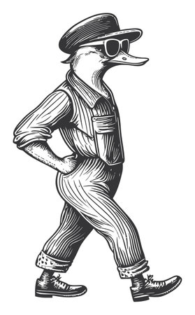 This unique black and white illustration features a stylish duck character donning sunglasses and vintage attire, strutting confidently. Perfect for creative projects!のイラスト素材