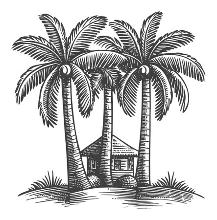 This vintage black and white illustration features palm trees surrounding a tropical hut, creating a serene and tranquil atmosphere perfect for nature-themed projects.のイラスト素材
