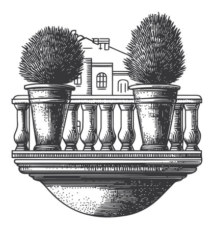 A detailed vector illustration depicting a classic balcony adorned with potted plants, showcasing architectural elements and vintage charm in a striking black and white style.のイラスト素材