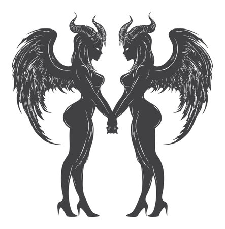 This captivating black and white illustration features two horned figures with wings, representing a blend of fantasy and elegance. Perfect for art projects.のイラスト素材