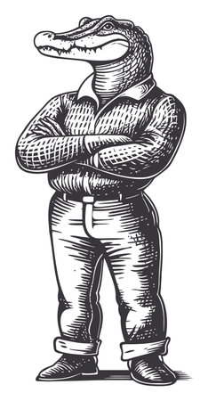 This vector illustration features a confident alligator character in casual attire. The detailed design showcases a playful and whimsical personality, perfect for various creative projects.のイラスト素材