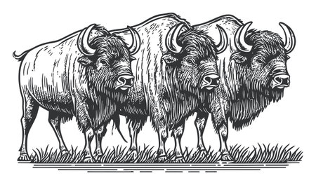 Explore this intricate vector illustration featuring three powerful bulls in a natural setting, showcasing strength and calm against a backdrop of grass.のイラスト素材