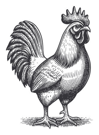A stunning vintage vector illustration of a proud rooster, showcasing intricate details and a classical style. Perfect for farm and nature themes.のイラスト素材