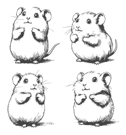 A set of charming cartoon hamsters depicted in various playful poses. Ideal for use in children's materials, playful designs, and whimsical illustrations.のイラスト素材