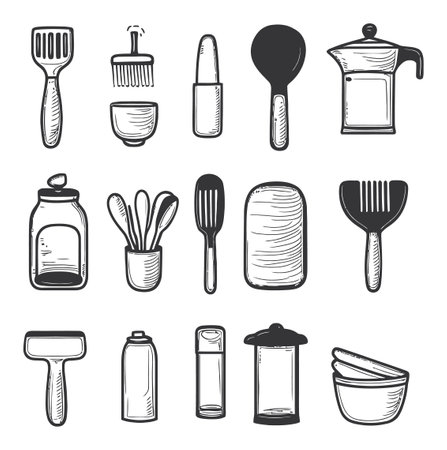 Explore this hand-drawn collection of kitchen utensils in a stylish vector format, perfect for culinary designs, food-related projects, and cooking inspirations.のイラスト素材