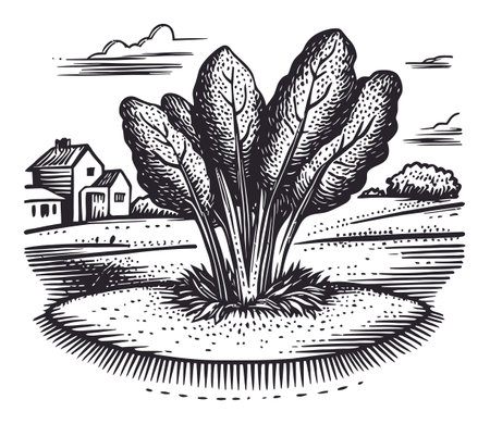 This detailed black and white illustration features a leafy plant in a pastoral setting with a house in the background, showcasing artistic techniques and natural beauty.のイラスト素材