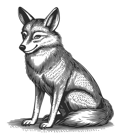 Elegant black and white vector illustration of a sitting fox, showcasing detailed fur texture and friendly expressions, perfect for art and wildlife themes.のイラスト素材