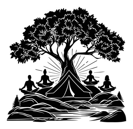 This artistic engraving features a serene meditation scene with silhouettes of people around a tree and tent. Perfect for themes of peace and nature.のイラスト素材