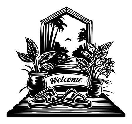 This intricate engraving showcases a welcoming sign with vibrant plants and slippers, framed by a scenic landscape. Perfect for hospitality themes.のイラスト素材