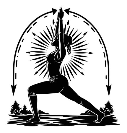 This striking illustration showcases a woman practicing a yoga pose, framed by an uplifting sunburst design. Perfect for wellness themes.のイラスト素材