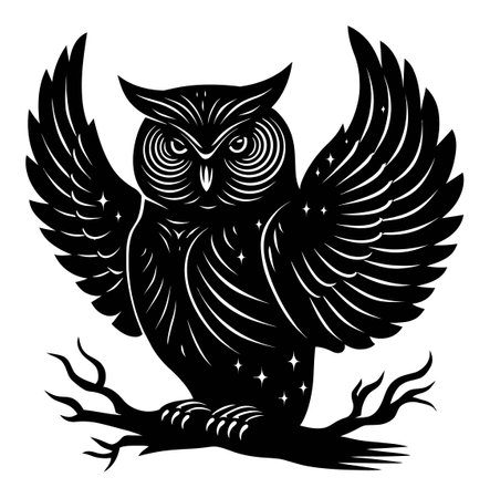 This captivating illustration features a majestic owl in flight, elegantly spreading its wings against a starry backdrop. The intricate design and black silhouette create a striking visual impact, perfect for nature lovers and art enthusiasts.のイラスト素材